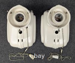 Pair PORCELIER Art Deco, White Porcelain Bath Sconces & Glass Shades, Restored