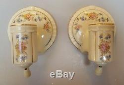 Pair PORCELIER Porcelain Ceramic Sconces, Garden Flowers, Gold Trim, Rewired