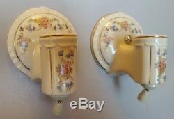 Pair PORCELIER Porcelain Ceramic Sconces, Garden Flowers, Gold Trim, Rewired