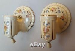 Pair PORCELIER Porcelain Ceramic Sconces, Garden Flowers, Gold Trim, Rewired