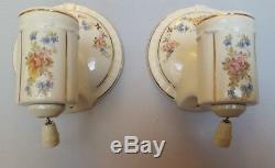 Pair PORCELIER Porcelain Ceramic Sconces, Garden Flowers, Gold Trim, Rewired