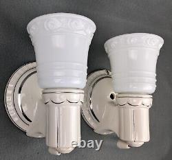 Pair Porcelier Art Deco-MCM Porcelain Sconces, Glass Shades, Excellent, Restored