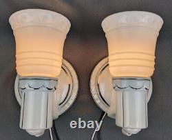 Pair Porcelier Art Deco-MCM Porcelain Sconces, Glass Shades, Excellent, Restored
