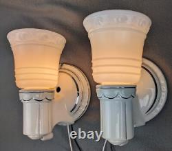 Pair Porcelier Art Deco-MCM Porcelain Sconces, Glass Shades, Excellent, Restored