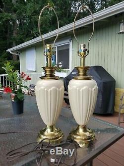 Pair Regency Vintage STIFFEL Brass Porcelain Lamps Lenox Art Deco Ivory Ceramic