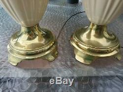 Pair Regency Vintage STIFFEL Brass Porcelain Lamps Lenox Art Deco Ivory Ceramic
