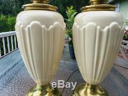 Pair Regency Vintage STIFFEL Brass Porcelain Lamps Lenox Art Deco Ivory Ceramic