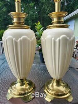 Pair Regency Vintage STIFFEL Brass Porcelain Lamps Lenox Art Deco Ivory Ceramic