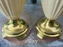 Pair Regency Vintage STIFFEL Brass Porcelain Lamps Lenox Art Deco Ivory Ceramic