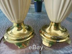 Pair Regency Vintage STIFFEL Brass Porcelain Lamps Lenox Art Deco Ivory Ceramic