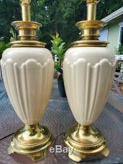 Pair Regency Vintage STIFFEL Brass Porcelain Lamps Lenox Art Deco Ivory Ceramic