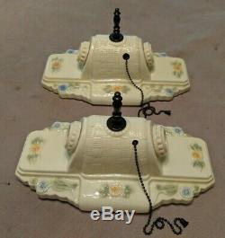 Pair Vintage Porcelier Porcelain Ceiling Light Fixtures, Basketweave, Rewired