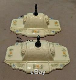 Pair Vintage Porcelier Porcelain Ceiling Light Fixtures, Basketweave, Rewired