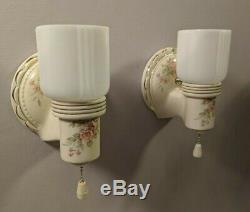 Pair Vintage Porcelier Sconces Garden Roses & Gold Trim, Opal Shades, rewired
