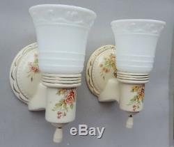Pair Vintage Porcelier Sconces with Gold Trim, Opal Shades, rewired, pull switches