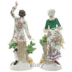Pair of 19 C Sitzendorf German Figures Green Dress Shepherd and Shepherdess Deco