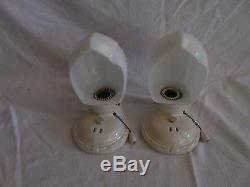 Pair of ANTIQUE Vintage ART DECO Porcelain/milk glass pull chain bathroom sconce