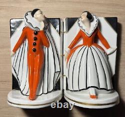 Pair of Art Deco Pierrot and Colombine Limoges porcelain bookends