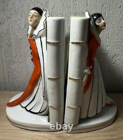 Pair of Art Deco Pierrot and Colombine Limoges porcelain bookends