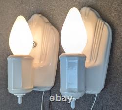 Pair of PORCELIER White Porcelain Sconces, Art Deco, New Rotary Sockets & Wiring