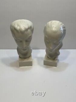 Pair of Vintage Lenox Geza de Vegh Art Deco Bust Man / Woman Face Porcelain 8.5