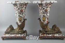 Pair of Wong Lee Floral Art Deco Porcelain & Bronze Horn Vase