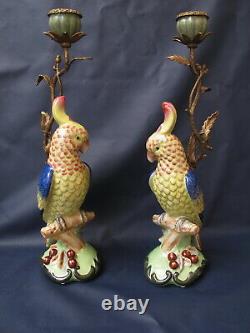 Parrot Candlestick Pair Bronze Porcelain Ceramic Art Deco Candle