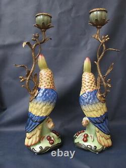 Parrot Candlestick Pair Bronze Porcelain Ceramic Art Deco Candle