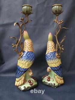 Parrot Candlestick Pair Bronze Porcelain Ceramic Art Deco Candle