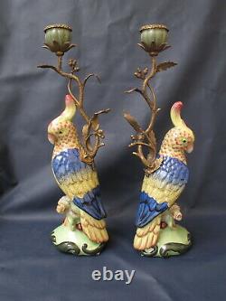 Parrot Candlestick Pair Bronze Porcelain Ceramic Art Deco Candle