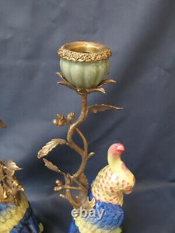 Parrot Candlestick Pair Bronze Porcelain Ceramic Art Deco Candle