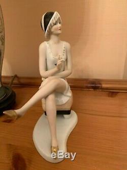 Porcelain German Art Deco Figurine of Seated Flapper Smoking by Wallendorf