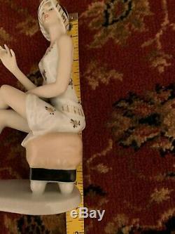 Porcelain German Art Deco Figurine of Seated Flapper Smoking by Wallendorf