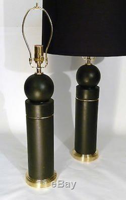 Pr Art Deco / Bauhaus Ceramic / Brass Bulbed Cylinder Form Table Lamps Lights