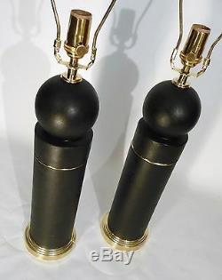 Pr Art Deco / Bauhaus Ceramic / Brass Bulbed Cylinder Form Table Lamps Lights