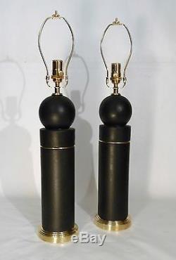 Pr Art Deco / Bauhaus Ceramic / Brass Bulbed Cylinder Form Table Lamps Lights