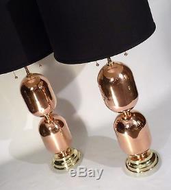 Pr Art Deco / Bauhaus Ceramic / Brass Bulbed Cylinder Form Table Lamps Lights