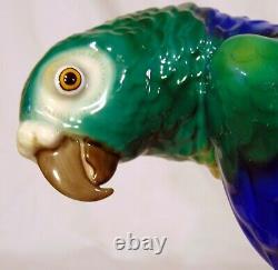 Pr Art Deco German Porcelain Behscherzer Parrot Macaw Figures Blue Green Yellow