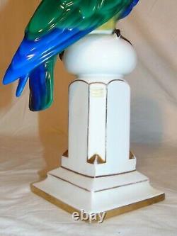 Pr Art Deco German Porcelain Behscherzer Parrot Macaw Figures Blue Green Yellow