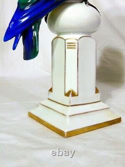 Pr Art Deco German Porcelain Behscherzer Parrot Macaw Figures Blue Green Yellow