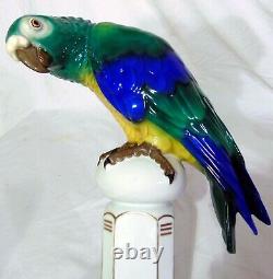 Pr Art Deco German Porcelain Behscherzer Parrot Macaw Figures Blue Green Yellow