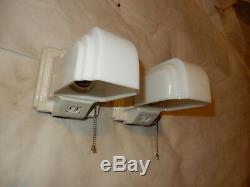 Pr. Art Deco Porcelain Bathroom Wall Sconces Milk Glass Shades w Pull Chains