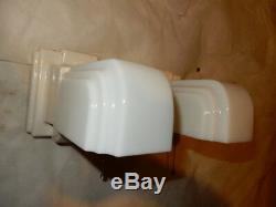 Pr. Art Deco Porcelain Bathroom Wall Sconces Milk Glass Shades w Pull Chains