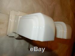 Pr. Art Deco Porcelain Bathroom Wall Sconces Milk Glass Shades w Pull Chains