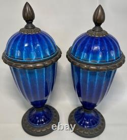 Pr French Art Deco Sevres Paul Milet Porcelain Bronze Urn Vase Blue Flambe wLids Pr French Art Deco Sevres Paul Milet Porcelain Bronze Urn Vase Blue Flambe wLids