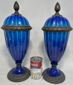 Pr French Art Deco Sevres Paul Milet Porcelain Bronze Urn Vase Blue Flambe wLids