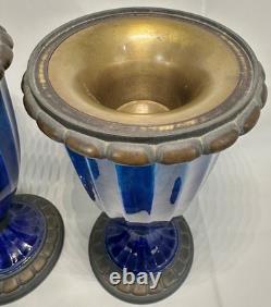 Pr French Art Deco Sevres Paul Milet Porcelain Bronze Urn Vase Blue Flambe wLids