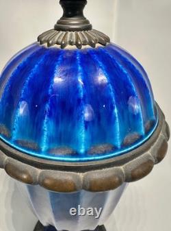 Pr French Art Deco Sevres Paul Milet Porcelain Bronze Urn Vase Blue Flambe wLids