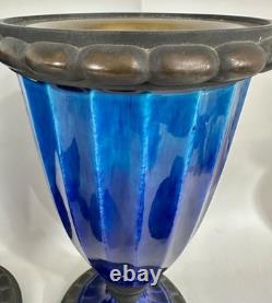 Pr French Art Deco Sevres Paul Milet Porcelain Bronze Urn Vase Blue Flambe wLids