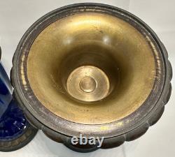 Pr French Art Deco Sevres Paul Milet Porcelain Bronze Urn Vase Blue Flambe wLids